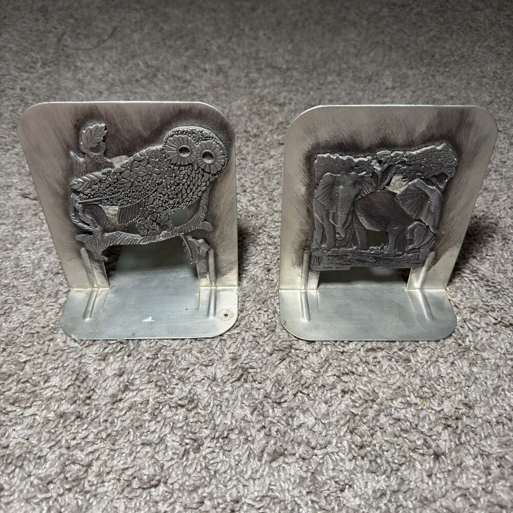 Vintage Metzke Pewter Owl Elephant Bookends 1980s Ornate Aluminum Metal MCM Pair